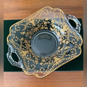 Vintage Cambridge Clear Glass Bowl Gold Rim Gold Tray Trinket Floral Decor